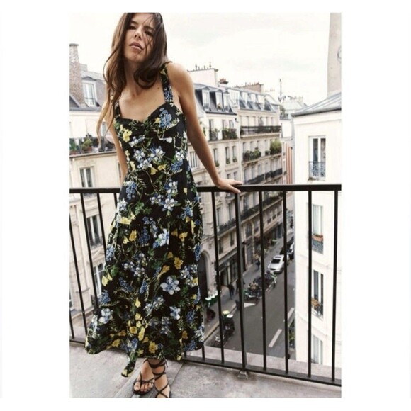 ZARA NWT WOMAN SS24 BLACK/YELLOW FLORAL PRINT MIDI DRESS Large $80 Ref 2157 052 - Picture 2 of 15